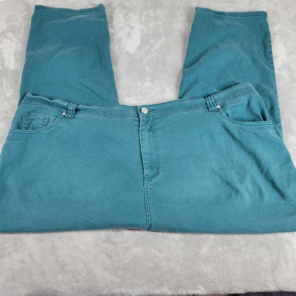 Catherines Green Sateen Jeans Size 32W Plus Comfort Stretch Elastic Waist Pocket